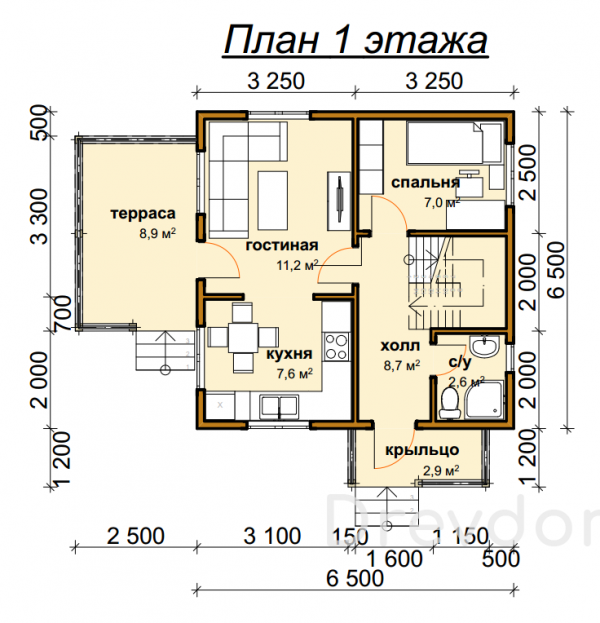 ДБ-2. Дом из бруса 67,6 м.кв. 6х8,5. Заказать строительство дома из ...